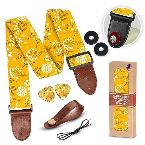Vintage Woven Embroidered Guitar Strap - White,Adjustable for Acoustic, Electric & Bass Guitars Includes Picks — A Yellow Spring