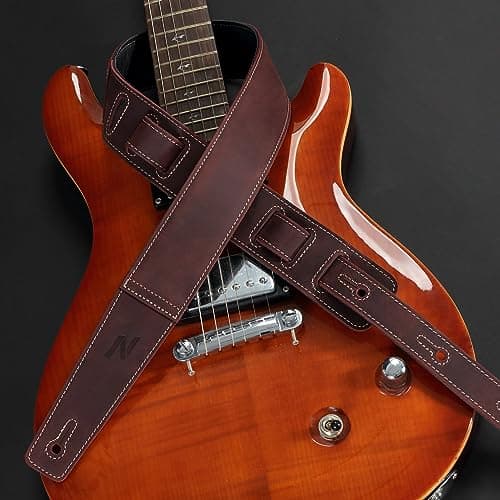 Vintage Burgundy Leather Guitar Strap with Foam Padding and Cable Storage Loops