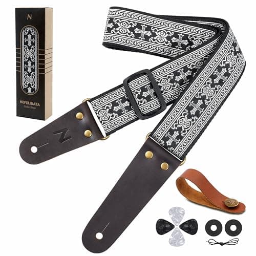Nefelibata Embroidered Cotton Guitar Strap with Cowhide Ends (Saffron) — Silver Cross