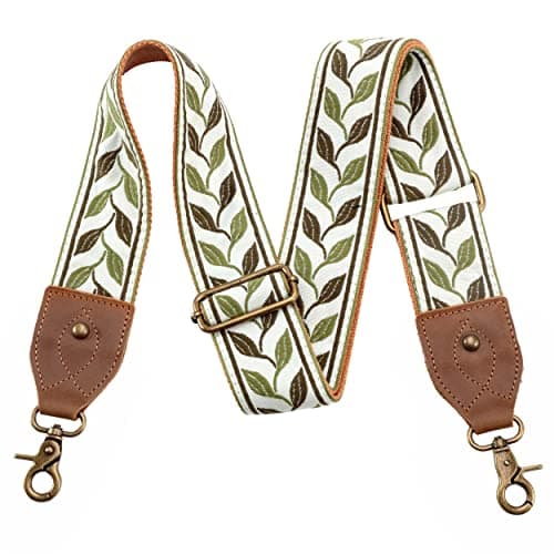 Nefelibata Purse Strap - Wide Leather Shoulder Strap with Embroidery — Vintage Green Leaf Embroidery