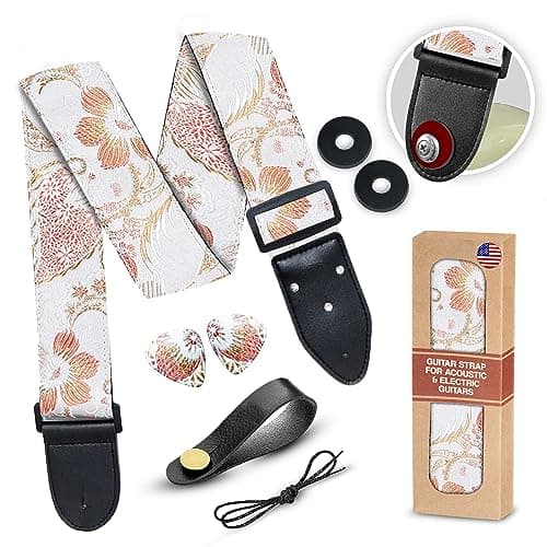 Vintage Woven Embroidered Guitar Strap - White,Adjustable for Acoustic, Electric & Bass Guitars Includes Picks — A Tropical Sky