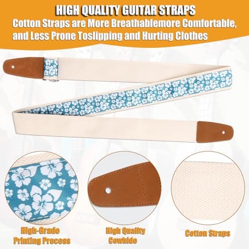 Full Grain Leather End Adjustable Guitar & Bass Strap, Cotton with 2 Locks & Picks