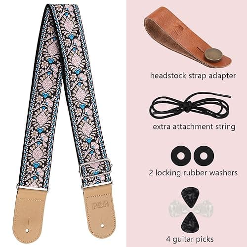 Ohlove Guitar Strap Kit - Embroidered Strap & Headstock Adapter, 2Pcs Washers, 4Pcs Picks