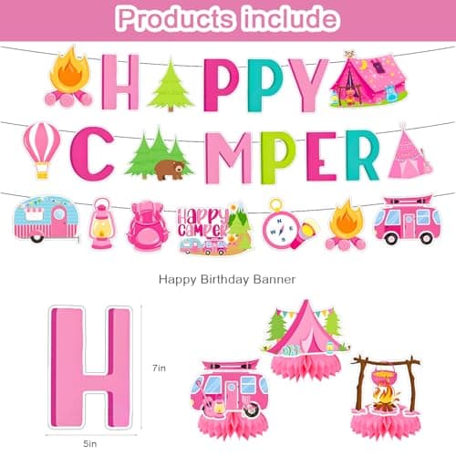 Pink Camping Party Decorations, Happy Birthday Banner & Supplies for Camp-Themed Birthdays