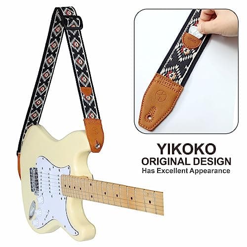Guitar Strap 2 Inch Embroidery Cotton Guitar Straps with Full Grain Leather End for Bass Electric and Acoustic Guitars Free Strap Button