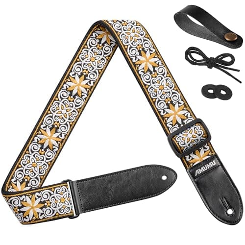 Amumu Red Flower Embroidery Guitar Strap for Acoustic, Electric & Bass - 2" Wide — Yellow