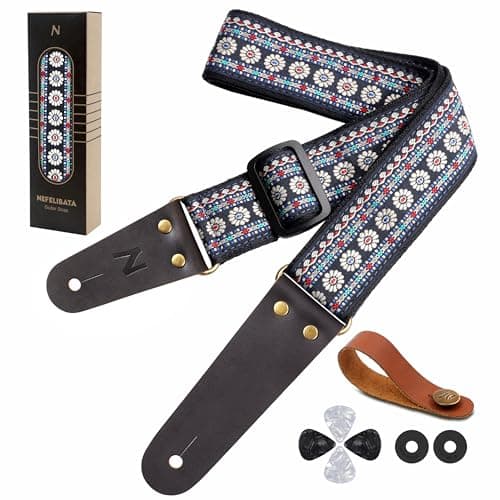 Nefelibata Embroidered Cotton Guitar Strap with Cowhide Ends (Saffron) — W#-labyrinth