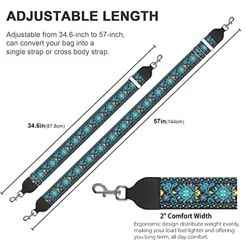 Soft Cotton & Leather Ends Jacquard Embroidered 2" Wide Crossbody Bag Purse Straps