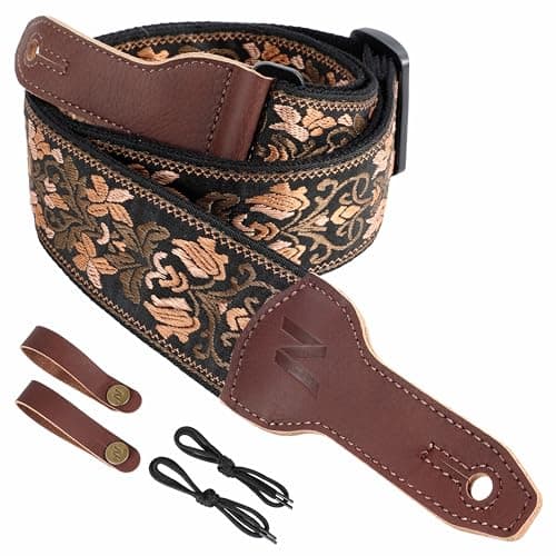 Nefelibata Banjo Strap, 2 Wide Double Full Grain Cowhide Guitar Strap - Small Flower Embroidery — Gold Flower Embroidery