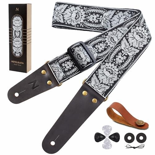 Nefelibata Embroidered Cotton Guitar Strap with Cowhide Ends (Saffron) — Silver Orleans