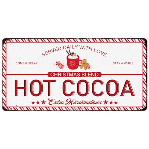 Traditional Christmas Candy Cane Lane Metal Tin Sign - Vintage Retro Kitchen Decor for Home or Cafe — Tin Sign 12"x6"-Hot Cocoa Served Daily With Love