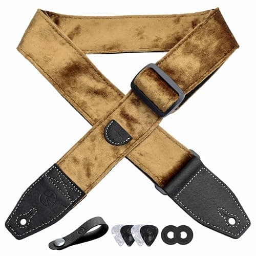 2 Inch Velvet Guitar Strap with Full Grain Leather Ends - Bass, Electric & Acoustic Compatible — Gold
