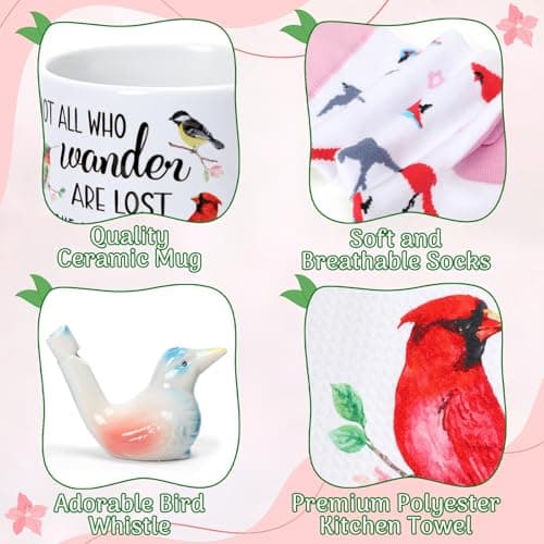 Nefelibata 4-in-1 Bird Lovers Gift Set for Women: Mug, Socks, Water Whistle, and Kitchen Towel