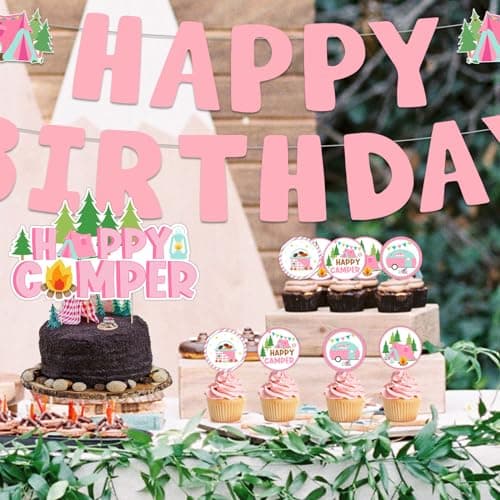 Kreatwow Pink Camper Themed Happy Birthday Banner Garland for Girls Camp Adventure Party