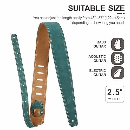 Nefelibata Vintage Green Guitar Strap, 2.5" Wide Tumbled Leather with Padding and Cable Loop