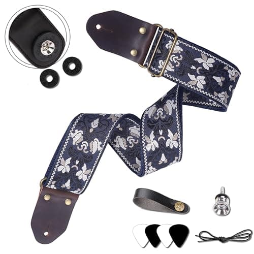 Embroidered Cotton Guitar Strap with Leather Ends for Bass and Electric Guitar — Blue