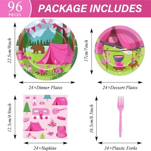 Pink Camping Party Supplies for 24 Guests - 96Pcs