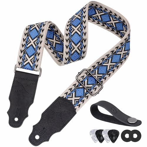 Head Layer Cowhide Leather Guitar Strap, 2" Wide, 2 Locks, 4 Picks Included — Blue Square