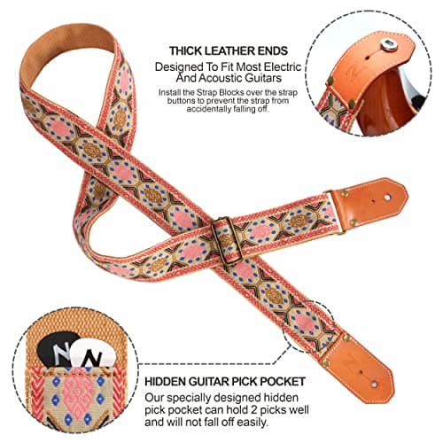 Nefelibata Cool Woven Guitar Strap - Cotton Strap with Leather Ends for Guitarists