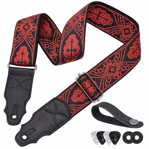 Head Layer Cowhide Leather Guitar Strap, 2" Wide, 2 Locks, 4 Picks Included