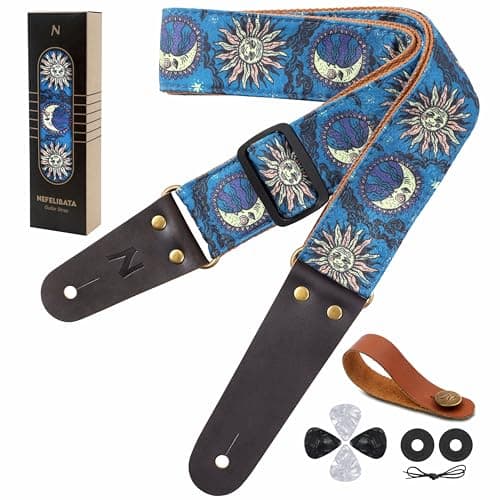 Nefelibata Embroidered Cotton Guitar Strap with Cowhide Ends (Saffron) — Blue Sun