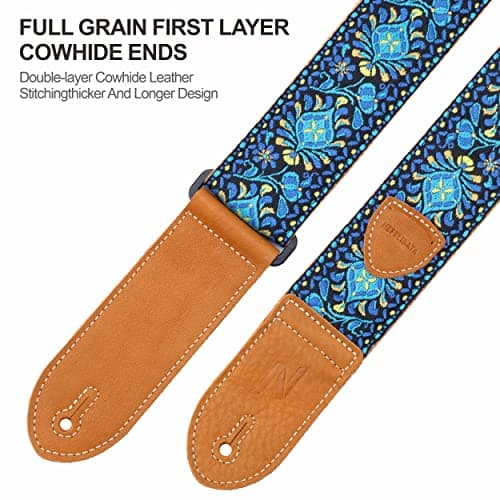 Nefelibata Vintage Woven Guitar Strap with Bonus Picks & Locks,Vintage Blue Yellow Embroidery