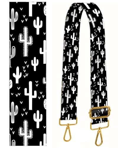 BeauBeast 2" Wide Adjustable Gold Buckle Crossbody Bag Strap — Black White Cacti