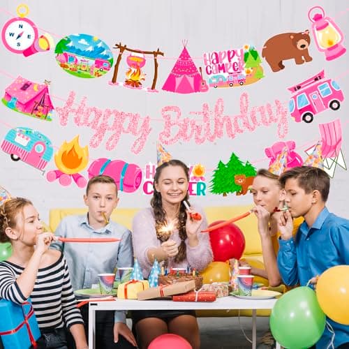 Happy Camper Girls Birthday Party Banners - 2PCS Camping Decorations
