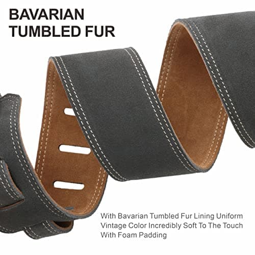 Bavarian Tumbled Leather Guitar Strap - 2.5 Wide, Foam Padding, Cable Storage Loop (Dark Gray)