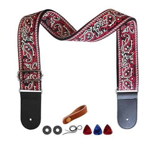 Yellow Flower Jacquard Weave Acoustic Bass Guitar Strap with 2 Locks + 3 Picks — Red and Grey