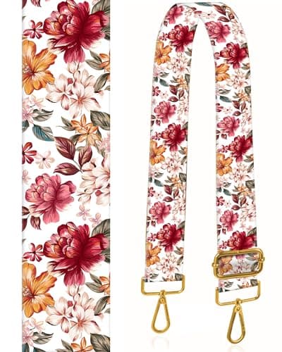 BeauBeast 2" Wide Adjustable Gold Buckle Crossbody Bag Strap — Luxury Red Flowers