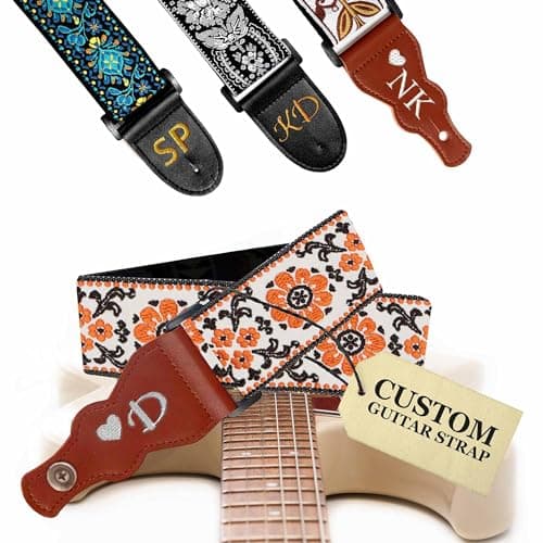 Black Silver Classic Woven Guitar Strap with Pick + Lock + Button - Add Your Text — Custom Orange Flowers