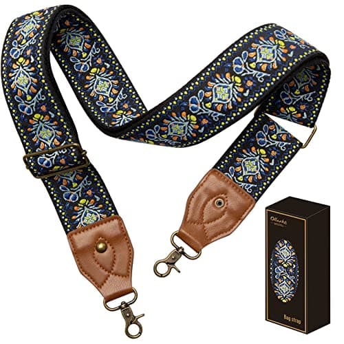 OllarKt 2" Wide Adjustable Leather Bag Strap — Vintage Blue Jacquard