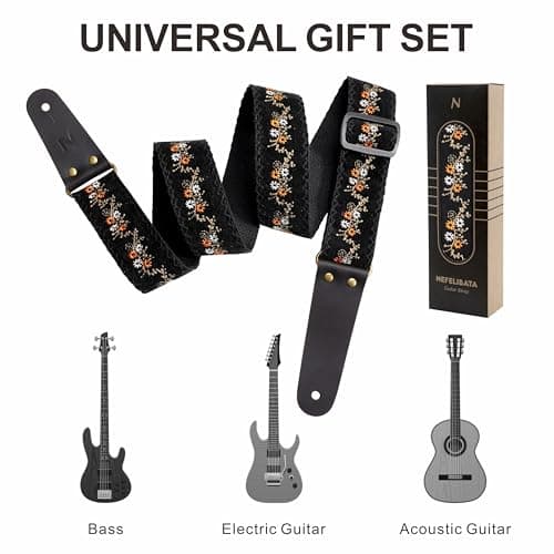 Nefelibata Flower Embroidery Guitar Strap, Cowhide Ends, Free Button & Locks, 1 Pair Picks