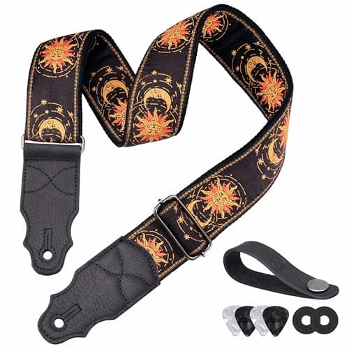 Head Layer Cowhide Leather Guitar Strap, 2" Wide, 2 Locks, 4 Picks Included — Golden Sun