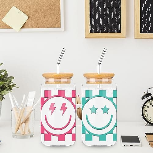 Preppy Checkered Happy Face Drinking Glasses Set for Cocktails and more