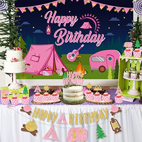 Happy Birthday Camping Party Decorations - Pink Banner & Backdrop, Cake Topper, Garland & Cupcake Topper