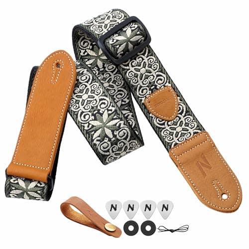 Nefelibata Vintage Woven Guitar Strap, Double Leather Ends, Vintage Blue Gold Embroidery-Free Bonusurities — A#-vintage White Green Embroidery