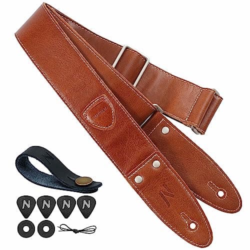 Full Grain Leather Guitar Strap with Pick Pocket for Bass, Electric & Acoustic Guitar