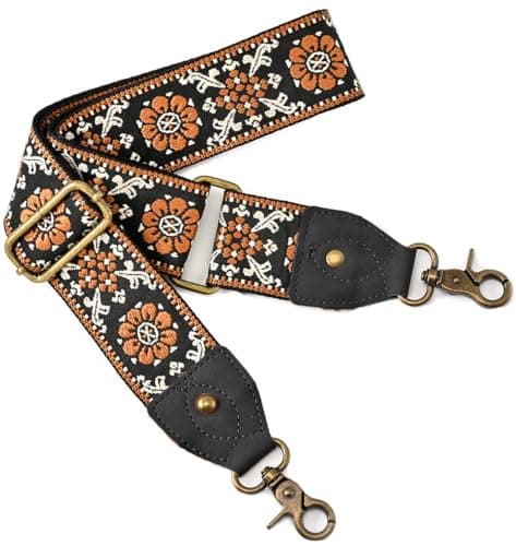 Adjustable Embroidery Guitar Style Bag Strap — Black Leather-35