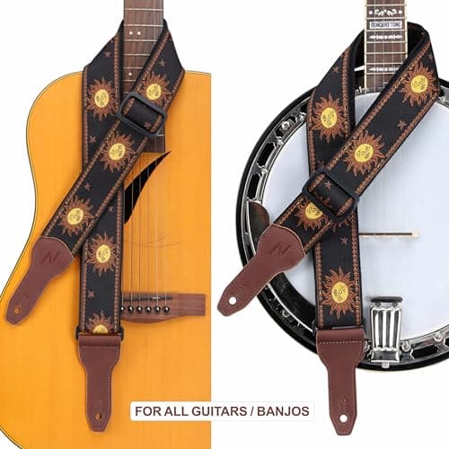 Nefelibata Banjo Strap, Wide Full Grain Cowhide Guitar Strap With Multi-pattern, Headstock Rope and Leather Headband.