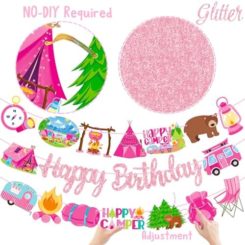 Happy Camper Girls Birthday Party Banners - 2PCS Camping Decorations