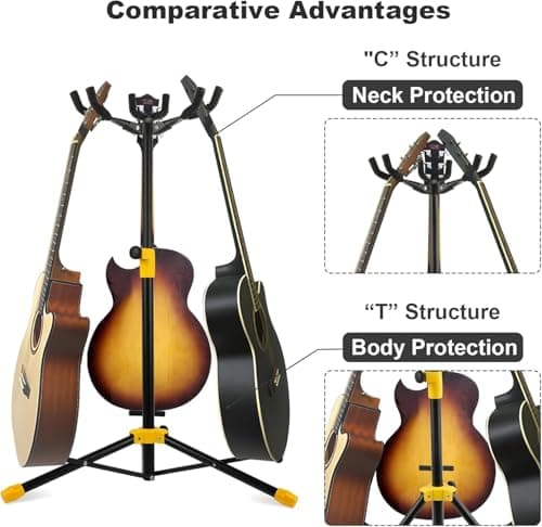 Universal Triple Adjustable Guitar Stand with Neck Holder - Holds 3 Guitars