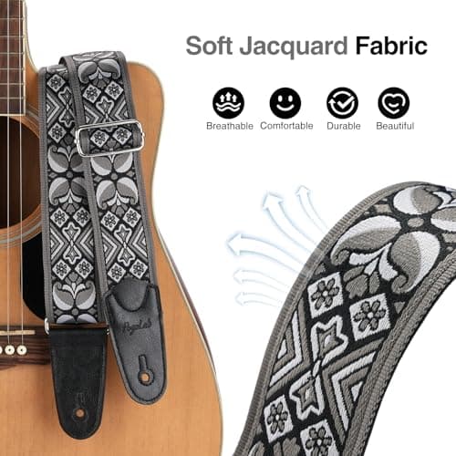 Adjustable Bass Guitar Strap with Jacquard Embroidery for Bassists, Fits Most Bass Guitars, Adjustable Locking Buckles & Picks Included
| High-Quality 2" Wide Jacquard Embroidery Cotton Bass Strap, Adjustable Leather Ends with Strap Locks & Picks, P