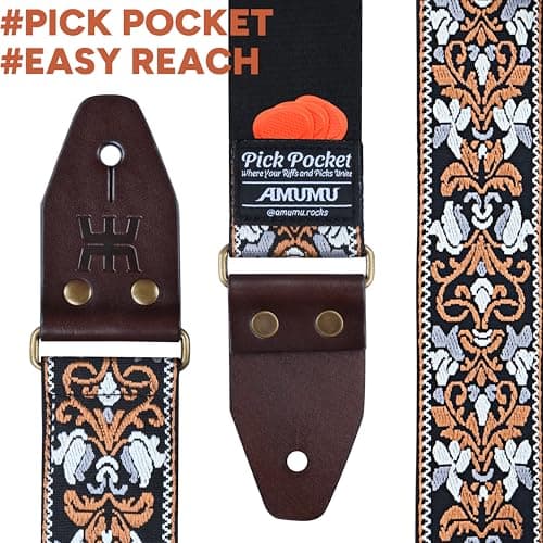 Amumu Black Brown Spade Heart Embroidery Vintage Guitar Strap