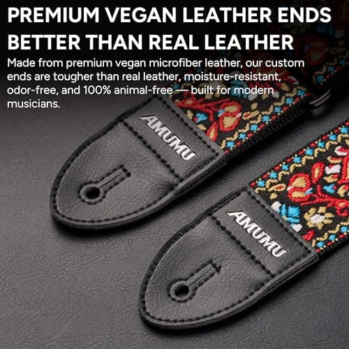 Amumu Red Flower Embroidery Guitar Strap for Acoustic, Electric & Bass - 2" Wide
