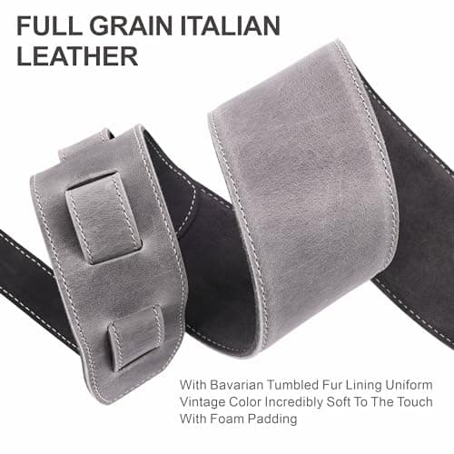 Vintage Gray Full Grain Leather 3-Inch Guitar Strap with Padding and Cable Organizer Loop for Kids, Men and Women