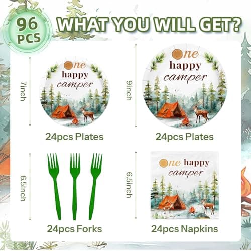 One Happy Camper Camping Party Decorations - 96PCS Disposable Dinnerware for 24 Guests