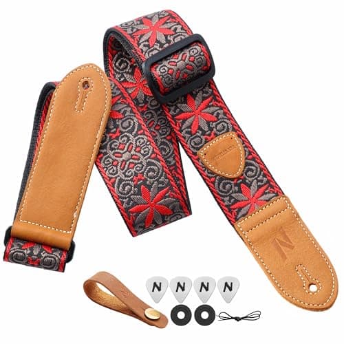 Nefelibata Vintage Woven Guitar Strap, Double Leather Ends, Vintage Blue Gold Embroidery-Free Bonusurities — A#-vintage Red Brown Embroidery