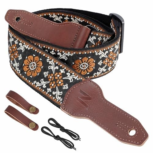 Nefelibata Banjo Strap, 2 Wide Double Full Grain Cowhide Guitar Strap - Small Flower Embroidery — Brown Flower Embroidery